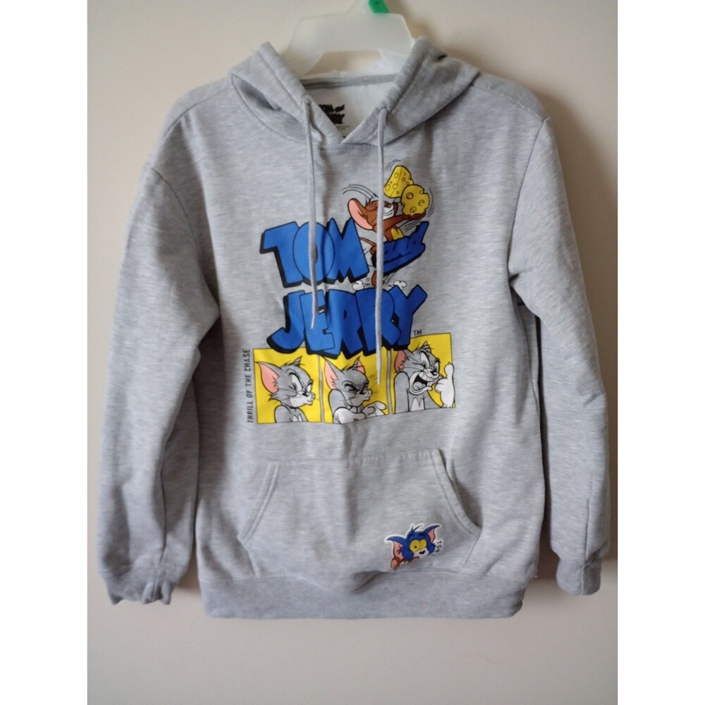 Tom and Jerry Cartoon Graphic Grey Hoodie Hooded Sweatshirt Size Medium